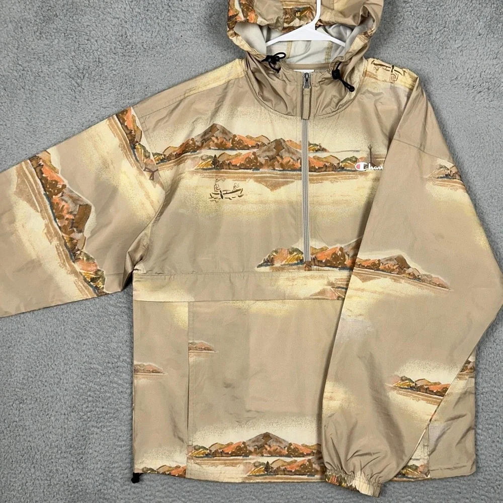 Champion Jacket Men Large Tan Landscape Print Anorak Windbreaker Half Zip Hooded